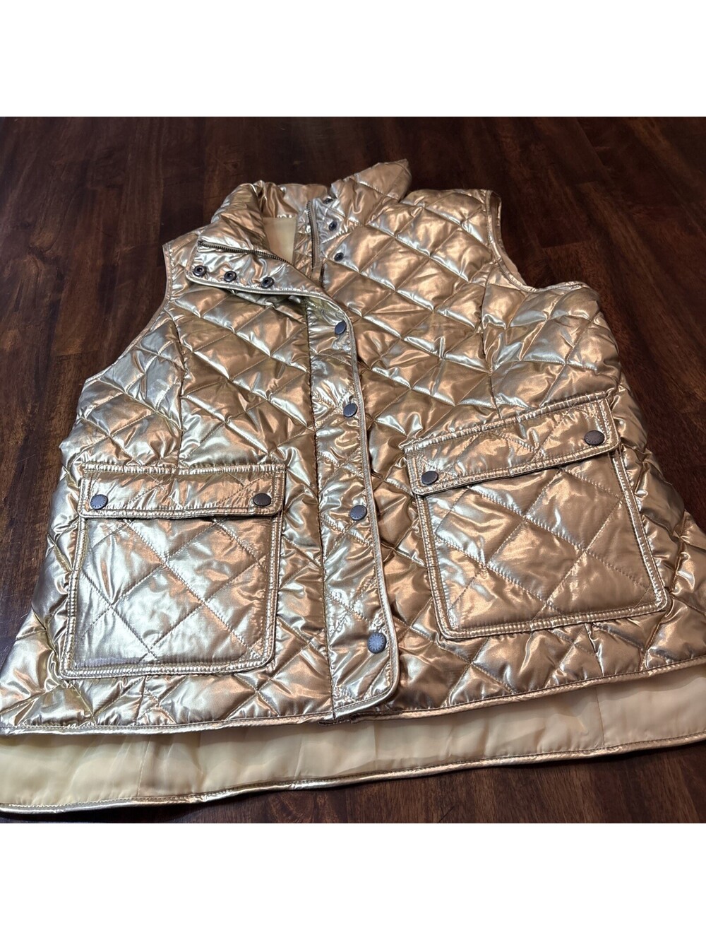 Talbots Women's Gold Metallic Down Vest Size Large Full Zip Button Up Pockets